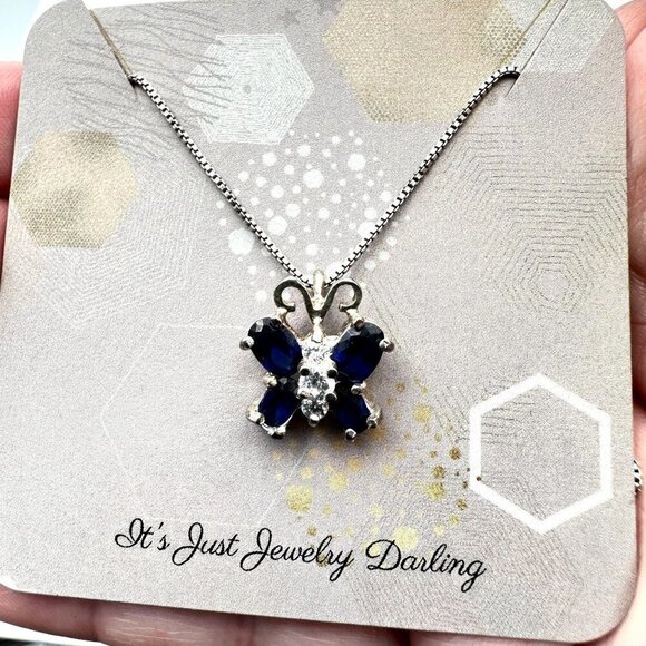 Womans Necklace Sterling Silver Blue Clear Cubic Zirconia Butterfly Gift Idea - Picture 2 of 3